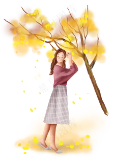 立秋黄色树下的女孩,免抠元素 立秋黄色树下的女孩,免抠元素