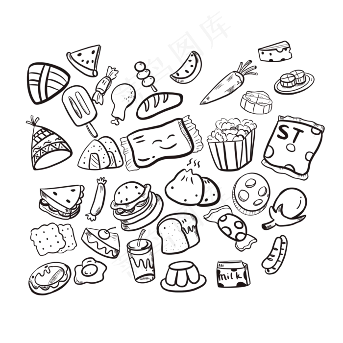 卡通食物黑白线稿(2000X2000(DPI:132))psd模版下载