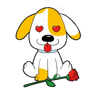 心形眼睛送玫瑰的恋爱狗狗手绘卡