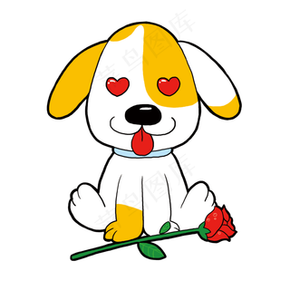 心形眼睛送玫瑰的恋爱狗狗手绘卡