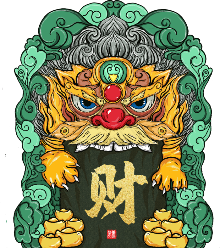 绿色舞狮招财图,免抠元素