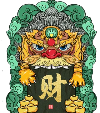 绿色舞狮招财图,免抠元素
