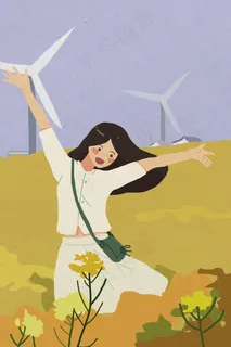 春季油菜花田开心游玩的白裙女孩 春季油菜花田开心游玩的白裙女孩