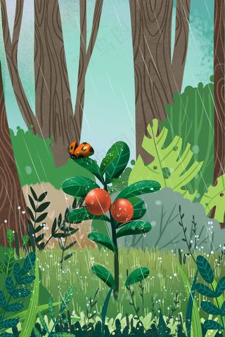 原创森林绿色雨水清新植物七星瓢虫手绘