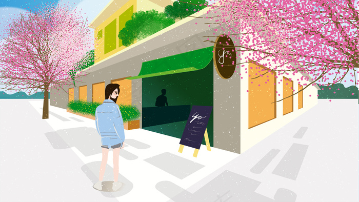 夏天旅游度假咖啡店风景美女观光插画