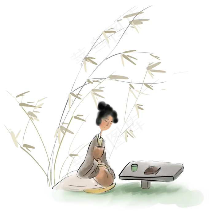 水墨饮茶的古代少女,免抠元素(2000*2000px 300 dpi )psd模版下载