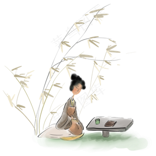 水墨饮茶的古代少女,免抠元素