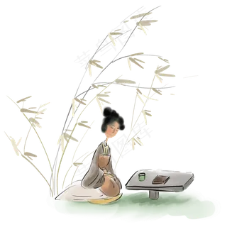 水墨饮茶的古代少女,免抠元素