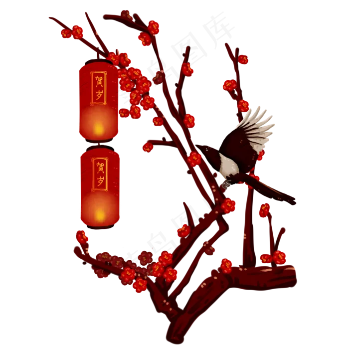 喜上眉梢梅花灯笼喜庆免抠元素(2000X2000(DPI:300))psd模版下载