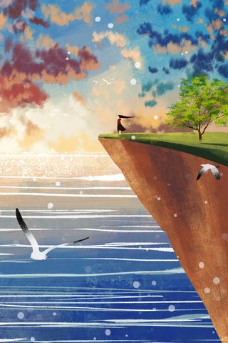 夕阳下女孩放飞梦想风景