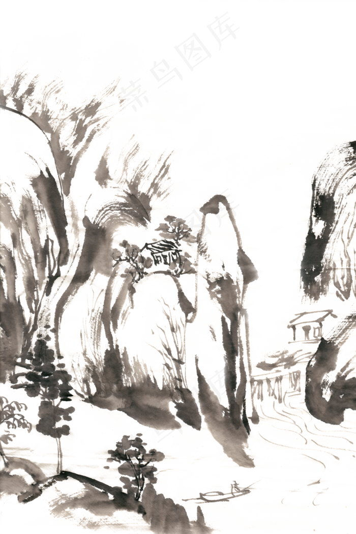 山居图古意山水水墨画PNG免抠