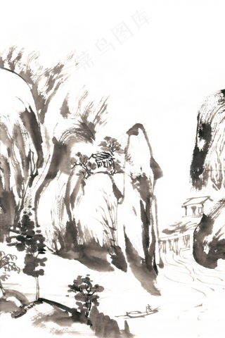 山居图古意山水水墨画PNG免抠