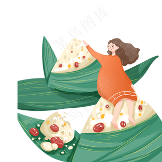卡通坐在粽子上的女孩免扣图