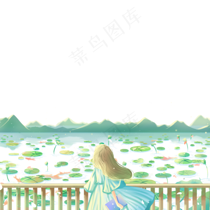 欣赏荷花的美女(2000X2000(DPI:300))psd模版下载