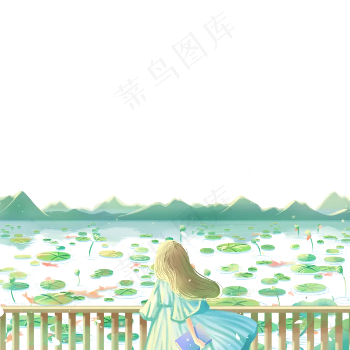 欣赏荷花的美女(2000X2000(DPI:300))psd模版下载