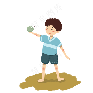 夏天喝椰子汁降温的男孩