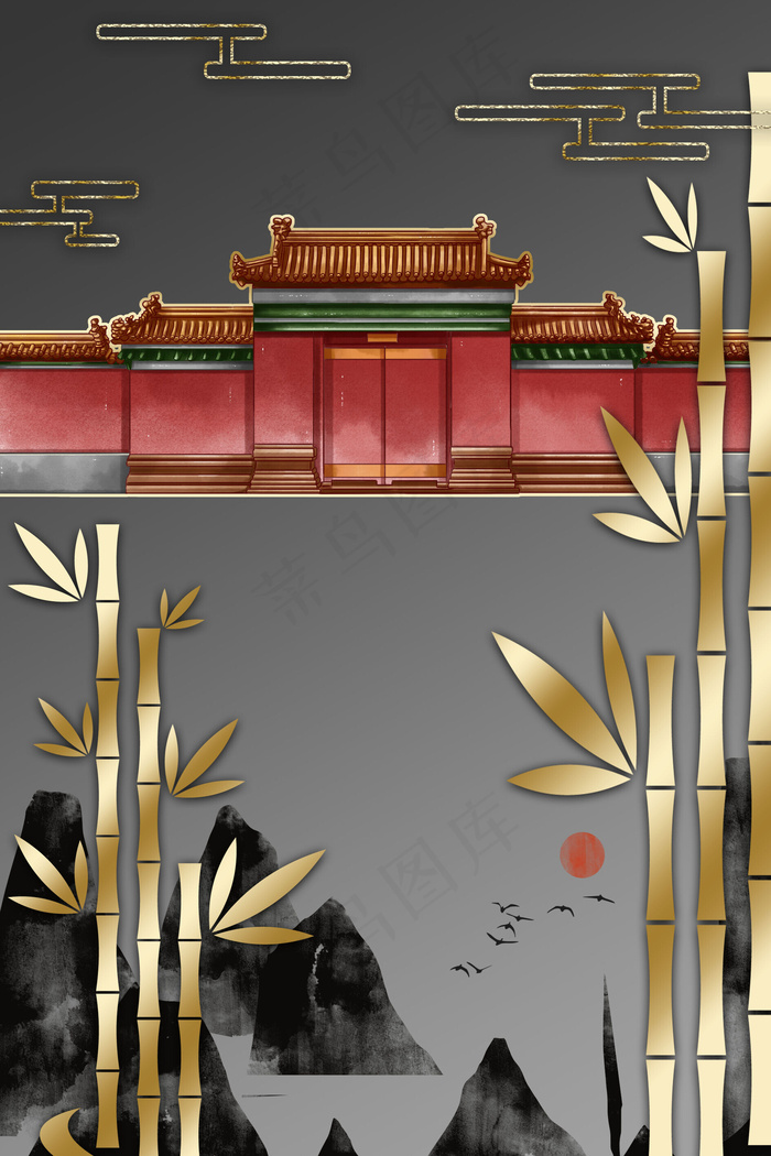 新中式古建筑黑色中国风装饰画