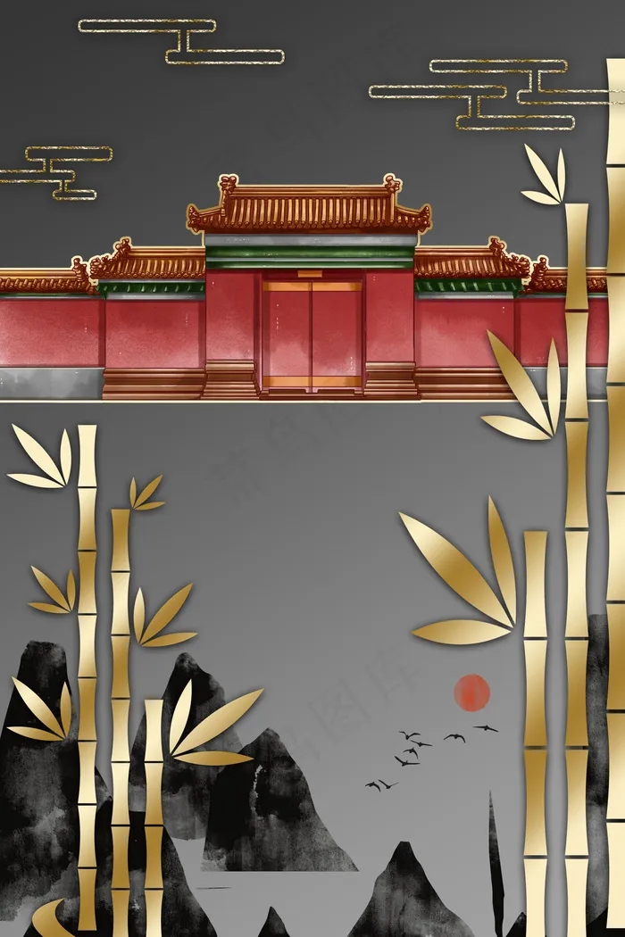 新中式古建筑黑色中国风装饰画(800*3584px 300 dpi )psd模版下载