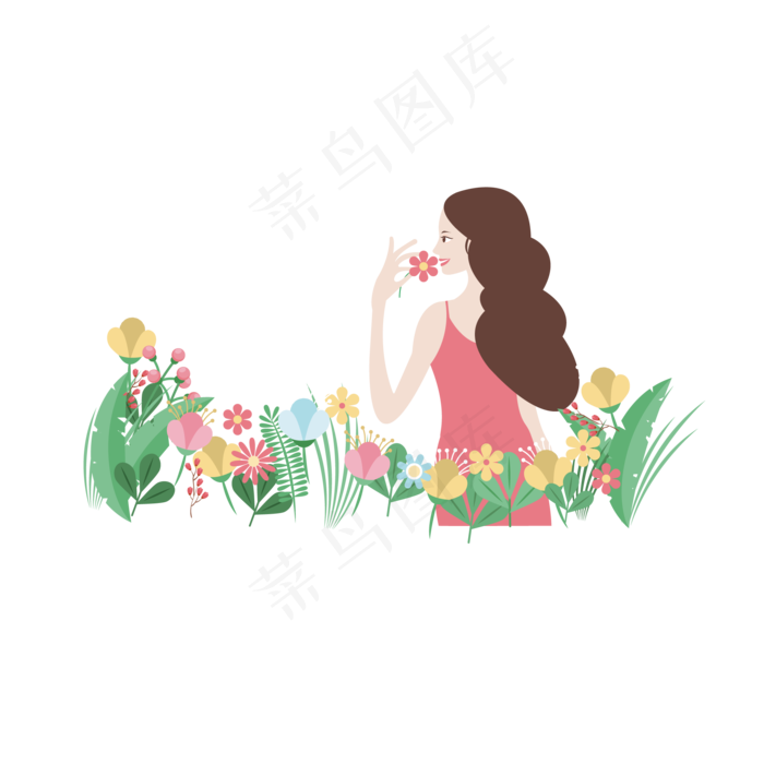 卡通手绘拿着花的女生矢量图
