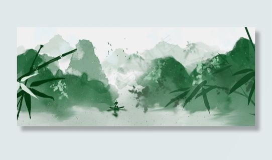 山水画青山竹柏湖泊岁月静好,免抠元素