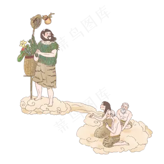 手绘中国古代神话传说神农尝百草,免抠元素