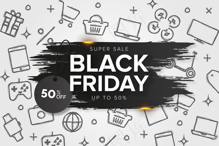 黑色星期五笔刷笔划横幅banner模板与手绘图标