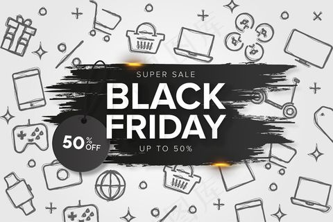 黑色星期五笔刷笔划横幅banner模板与手绘图标