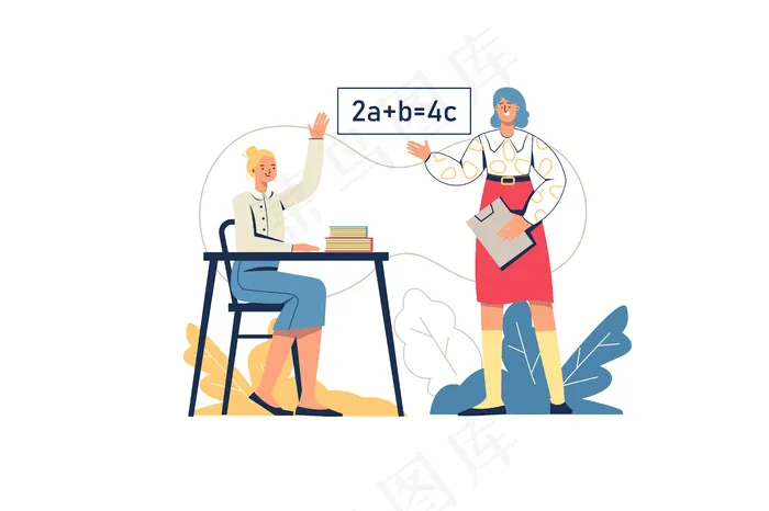 学校学习网络概念。女学生在课上回答，老师教课。学生在考试。小学教育，培训，最少的人的场景。网站平面设计中的矢量图
