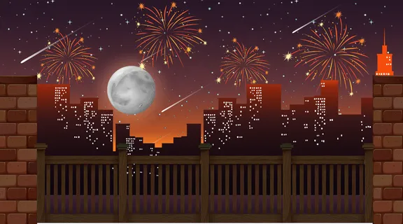 从桥上可以看到庆祝烟花的城市景观