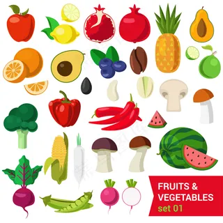 平型花式优质果蔬套装。苹果柠檬石榴菠萝鳄梨橘子李子咖啡豆蘑菇柠檬瓜玉米豌豆甜菜芹菜芽。创意食品系列。