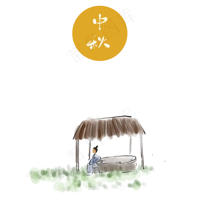 国画草棚里赏月的古人(2000X2000(DPI:300))psd模版下载