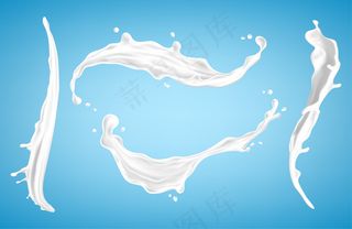 牛奶溅在蓝色背景上。天然乳制品，酸奶或奶油飞溅。写实插图