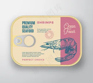 高级海鲜铝制容器，带标签盖。复古罐头包装。