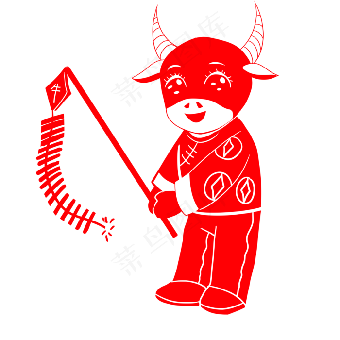 牛年放鞭炮剪纸(3000X3000(DPI:299))psd模版下载