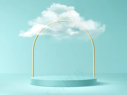领奖台有云彩和金色拱门，抽象的背景有空的圆柱形颁奖台