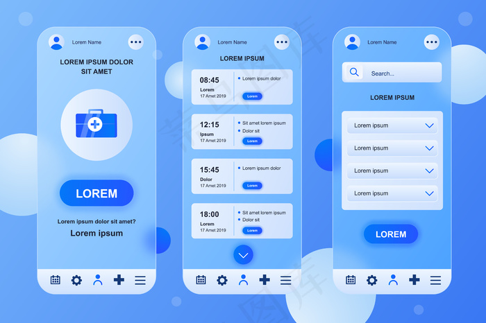 医疗服务glassmorphic design neumorphic elements kit for mobile app ui ux gui屏幕集