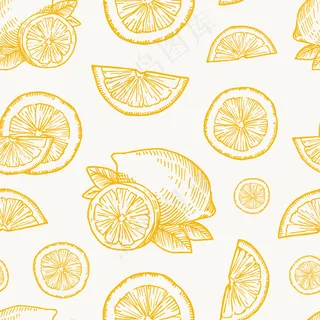 手绘柠檬，橘子或橘子收获矢量无缝背景图案