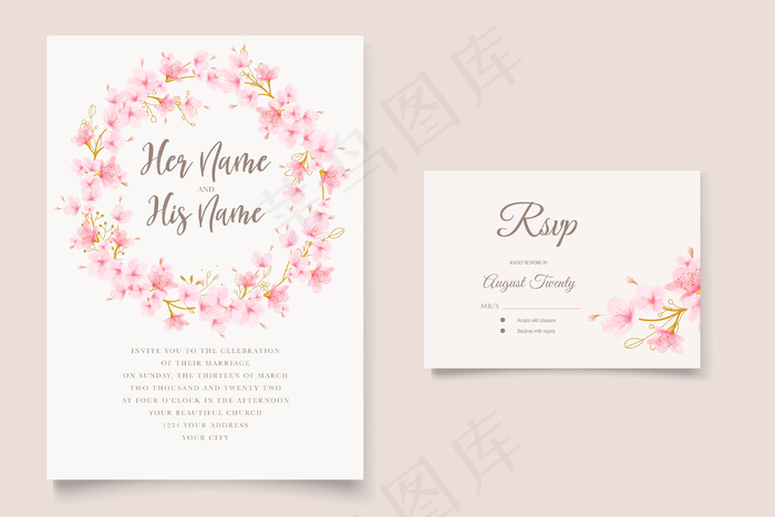 水彩樱花花卉和树叶卡套