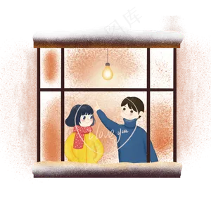 七夕情人节卡通窗户中的情侣