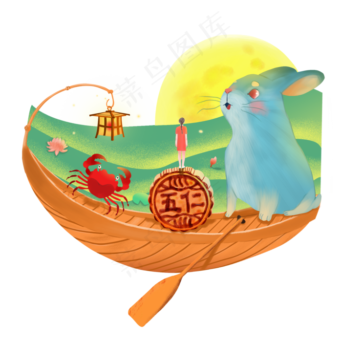 中秋节暖色治愈系卡通手绘赏月图