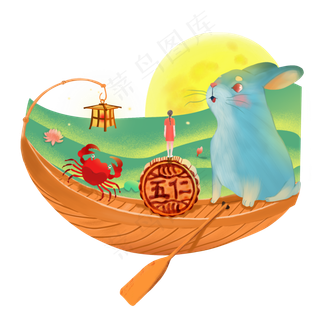 中秋节暖色治愈系卡通手绘赏月图