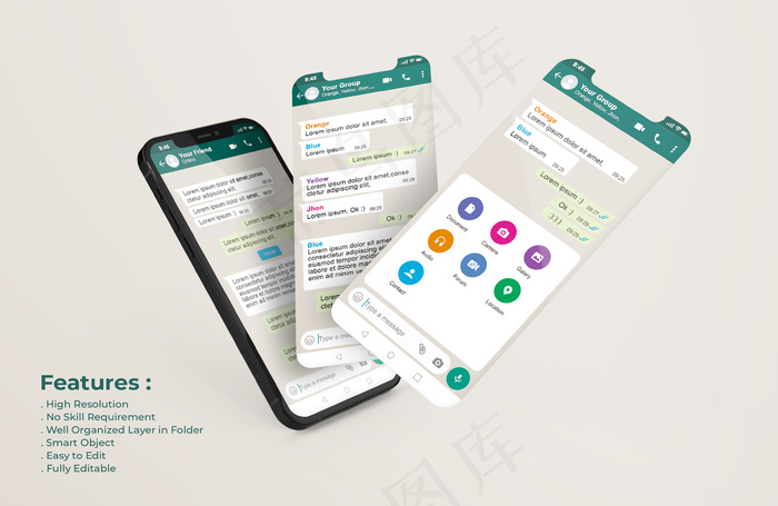 手机上的Whatsapp messenger模板和ui ux应用演示模型样机psd模版下载