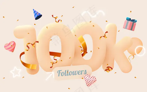 10万或1万粉丝感谢你粉色的心，金色的五彩纸屑和霓虹灯。