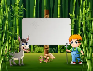 年轻农民和一只站在空白标志旁的驴子的卡通插图