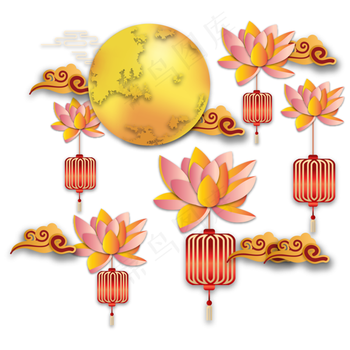 中秋节月亮莲花灯笼剪纸