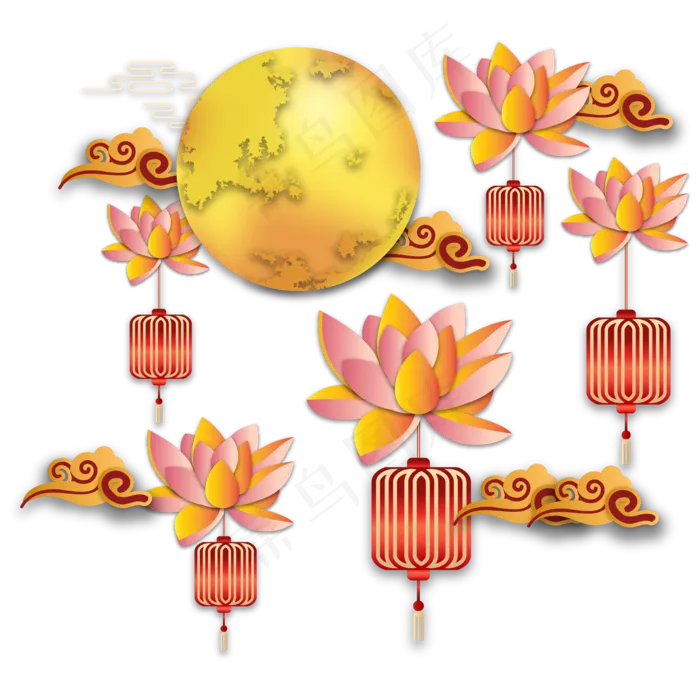 中秋节月亮莲花灯笼剪纸(2000*2000px 300 dpi )ai矢量模版下载