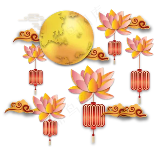 中秋节月亮莲花灯笼剪纸