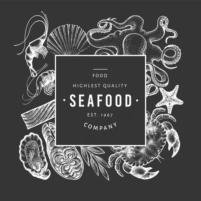 海鲜和鱼模板。黑板上的手绘插图。复古食品。eps,ai矢量模版下载