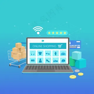 带笔记本电脑的网上购物横幅banner,概念平面设计 带笔记本电脑的网上购物横幅banner,概念平面设计