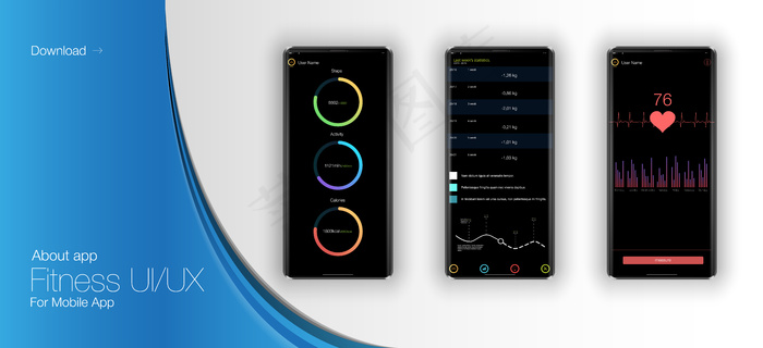 适用于手机app移动应用程序app的健身接口。网页设计和移动模板。不同的